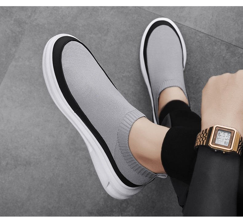 メンズ軽量ニット素材スリッポン靴通気性抜群灰色黒色