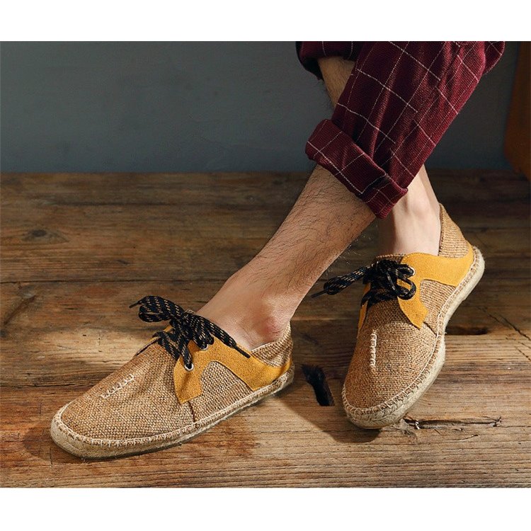 スリッポン メンズ 亜麻素材 編み上げローファー 夏用軽量履物