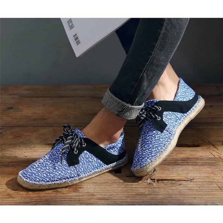 スリッポン メンズ 亜麻素材 編み上げローファー 夏用軽量履物