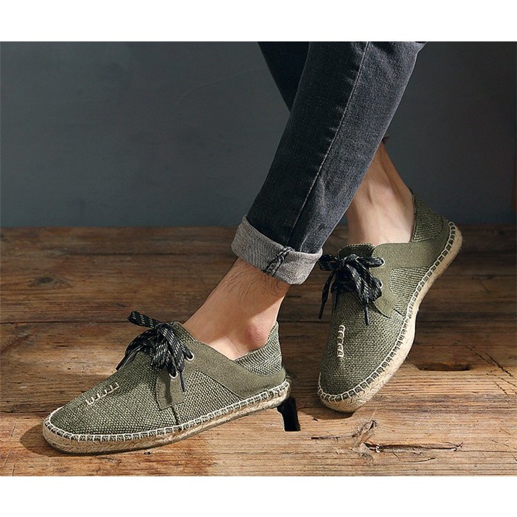 スリッポン メンズ 亜麻素材 編み上げローファー 夏用軽量履物