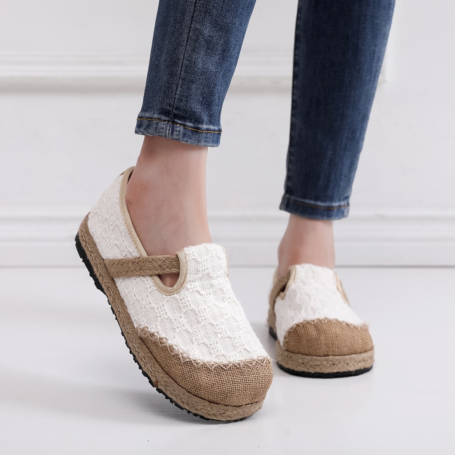 スリッポン レディースジュート素材切替レース生地厚底スリッポン