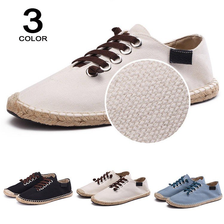 メンズ 帆布 麻底靴 紐付き スリッポン 夏靴