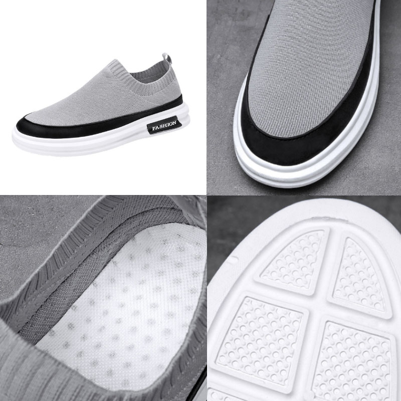 メンズ軽量ニット素材スリッポン靴通気性抜群灰色黒色