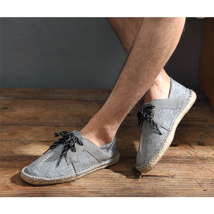 スリッポン メンズ 亜麻素材 編み上げローファー 夏用軽量履物