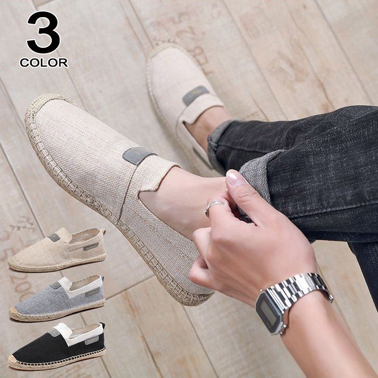 メンズ亜麻素材エスパドリーユ風スリッポン