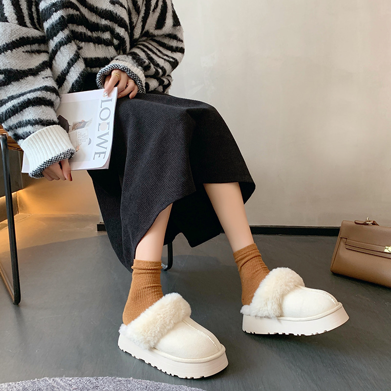 レディース厚底ムートンスリッポン韓国風暖かファー靴