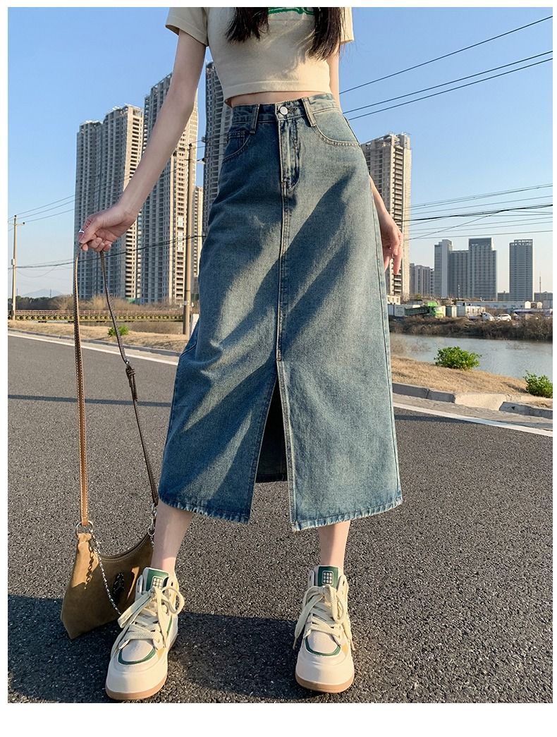 スリットスカート フロントスリットデニムロングスカート
