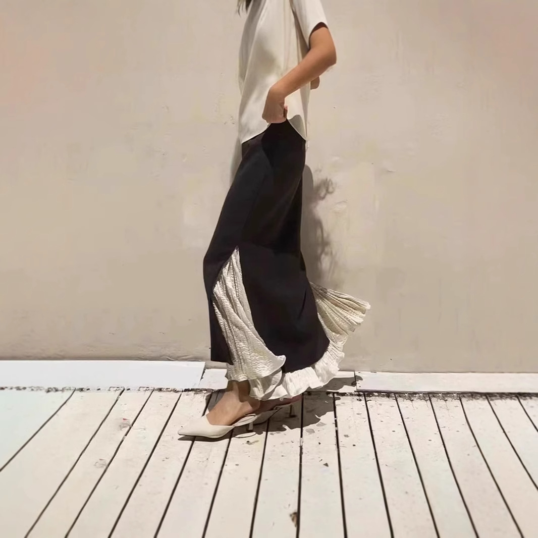 スリットスカート 優美なコントラスト プリーツスリットスカート