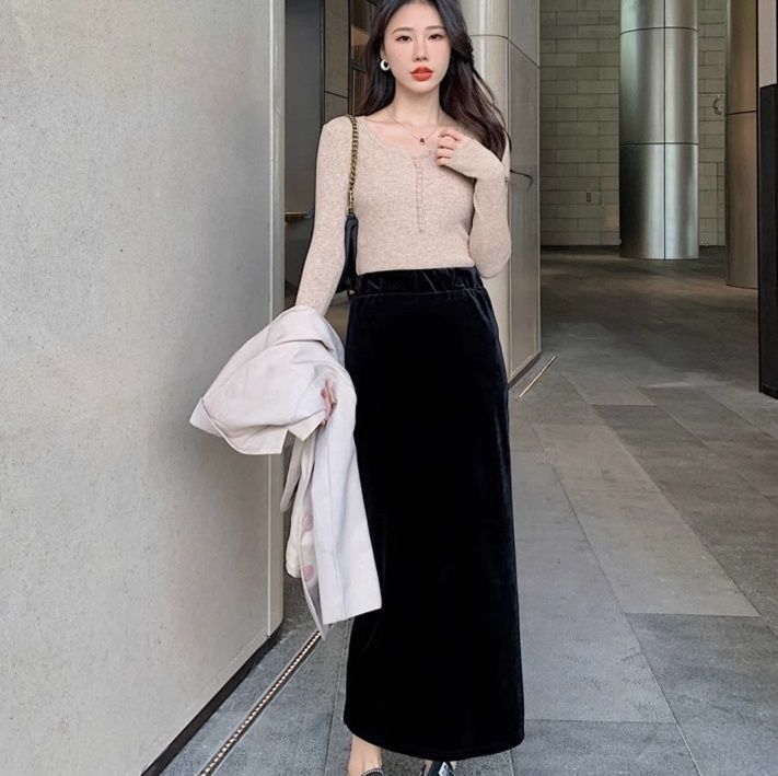 スリットスカート 優美ベロアスリットロングスカート