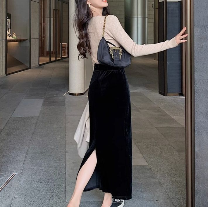 スリットスカート 優美ベロアスリットロングスカート