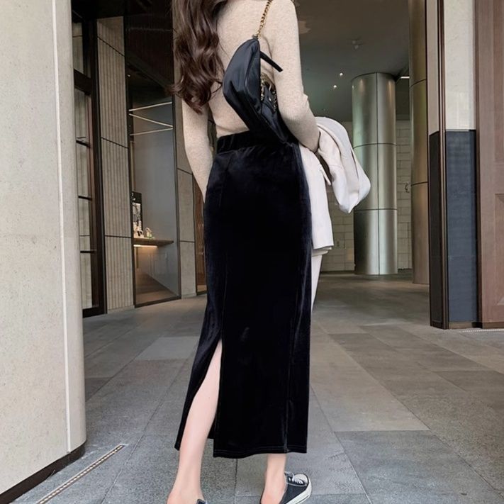 スリットスカート 優美ベロアスリットロングスカート
