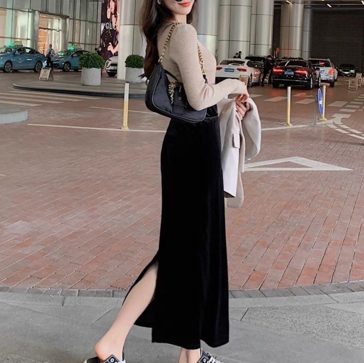 スリットスカート 優美ベロアスリットロングスカート