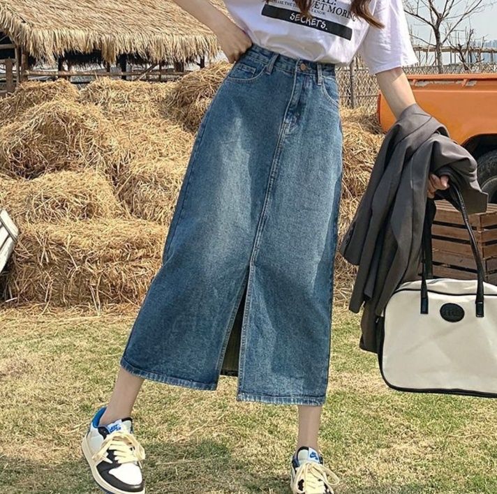 スリットスカート シンプル美脚スリットデニムスカート