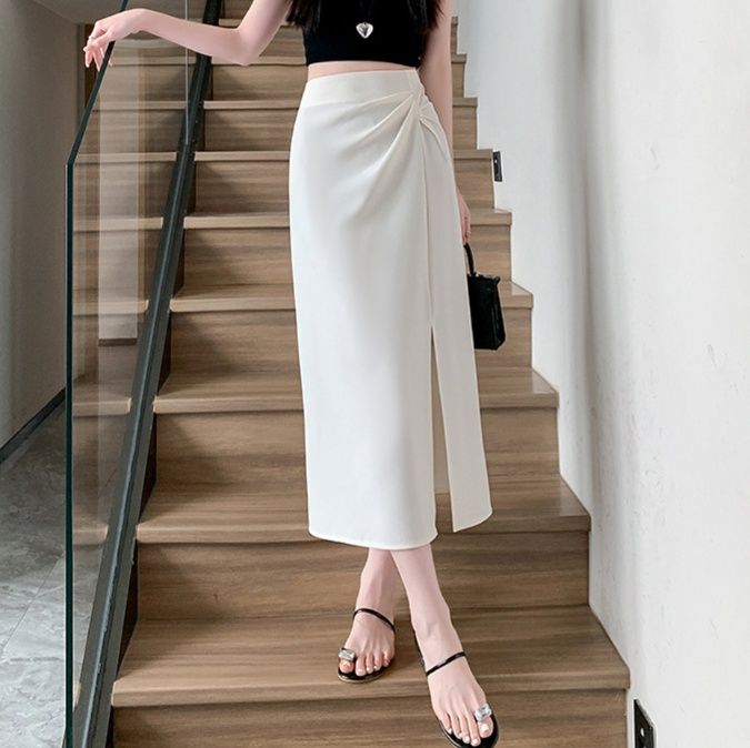 スリットスカート シンプル美脚タックスリット膝下スカート