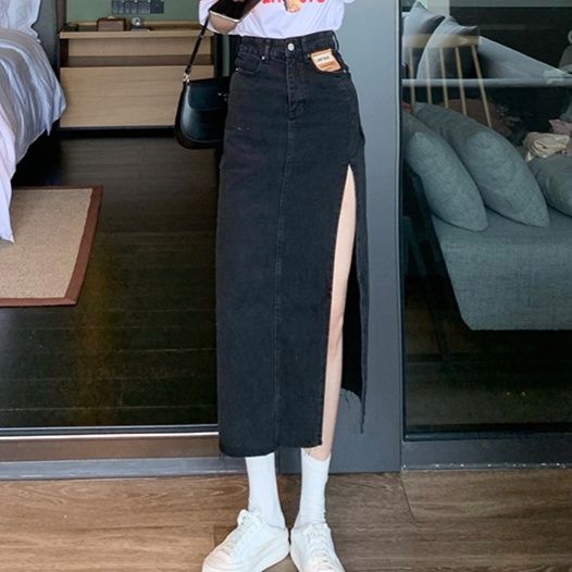 スリットスカート 高腰デニムスリットロングスカート