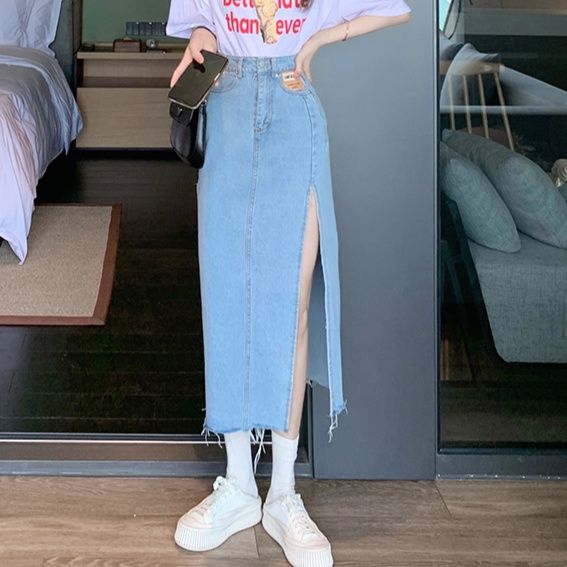 スリットスカート 高腰デニムスリットロングスカート