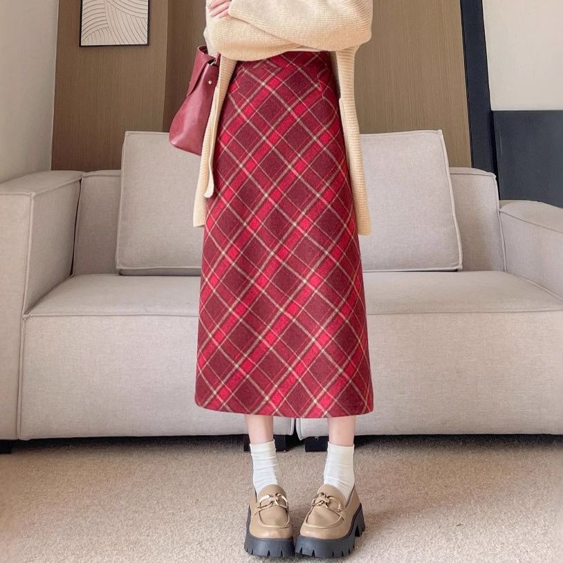 スリットスカート チェック柄ナロースカート