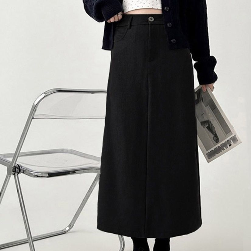 スリットスカート ハイウエストタイトロングスカート前スリット