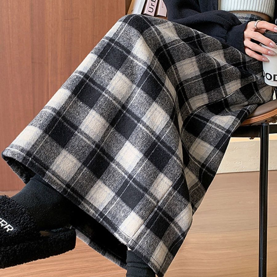 スリットスカート 復古格子柄タイトスカート 後ろスリット入り