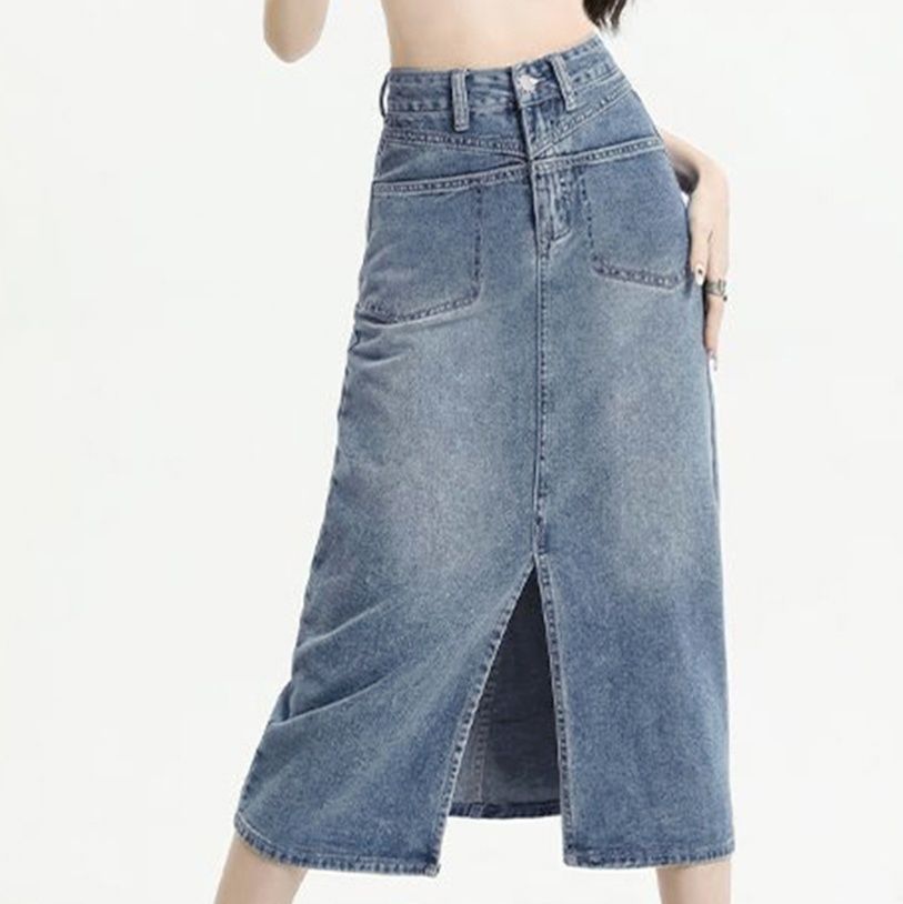 スリットスカート デニムタイトスカート ロング丈 前スリット入り