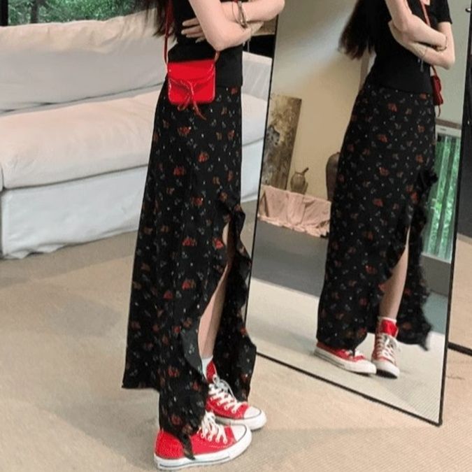 スリットスカート 小花柄サイドスリット入りロングスカート