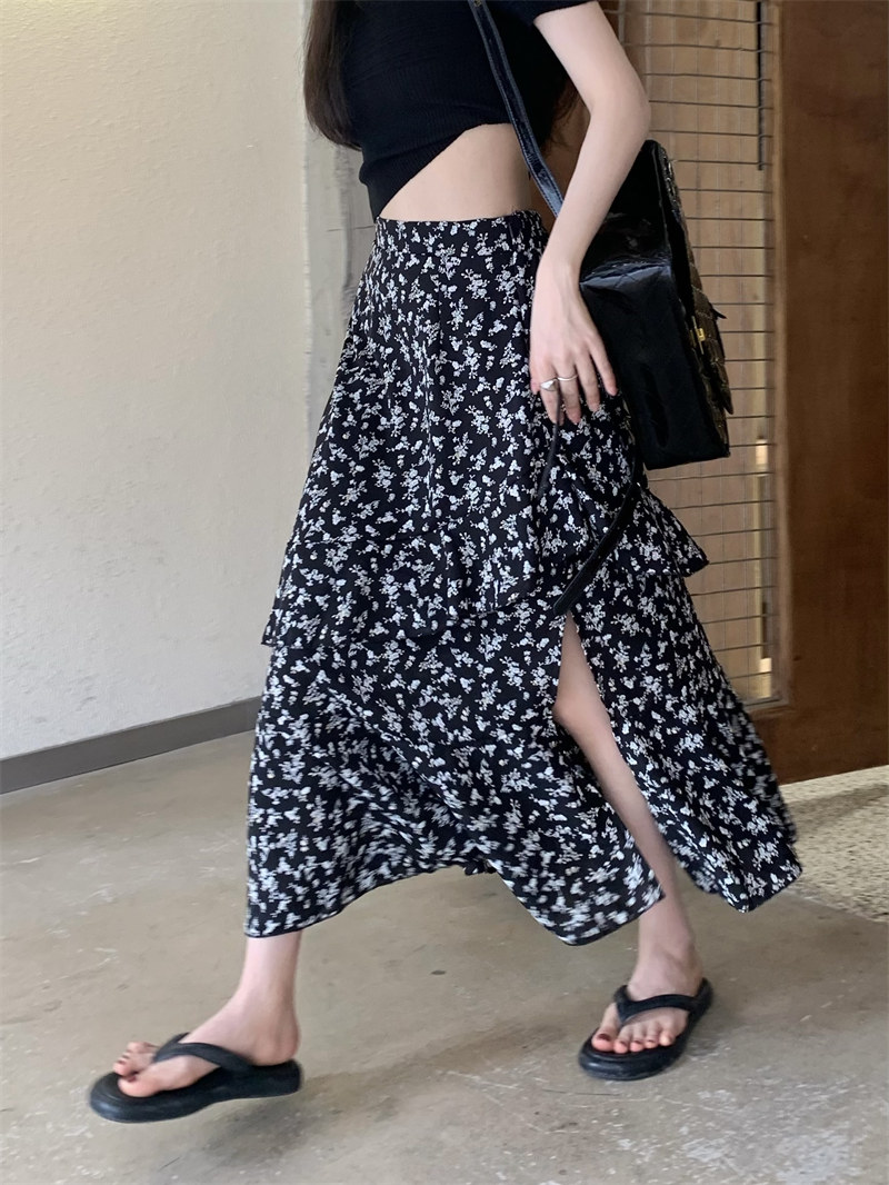 花柄フレアスリットスカート レディース ロング丈
