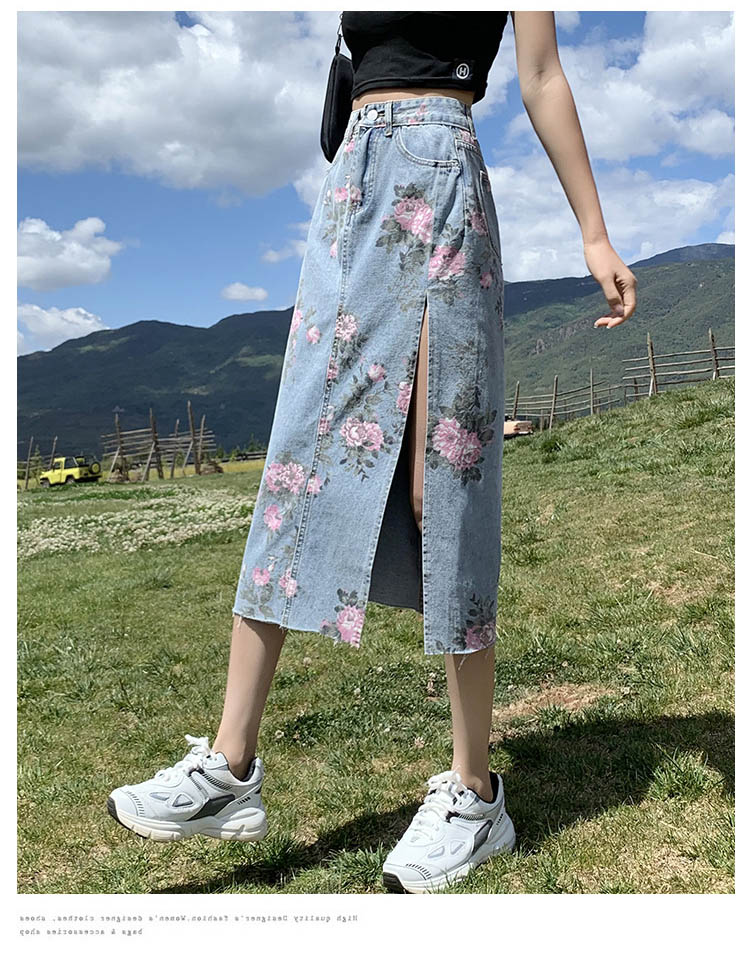 花柄デニムスリットスカート ミドル丈 大人可愛い