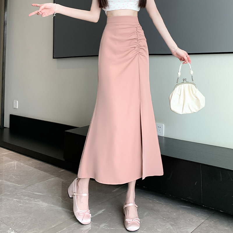 スリットスカート シャーリング脇スリットロングスカート