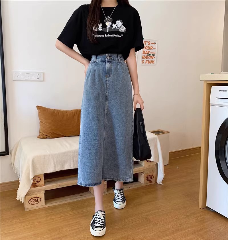 スリットスカート デニムロングスカート バックスリット 脚長効果 ヴィンテージ風