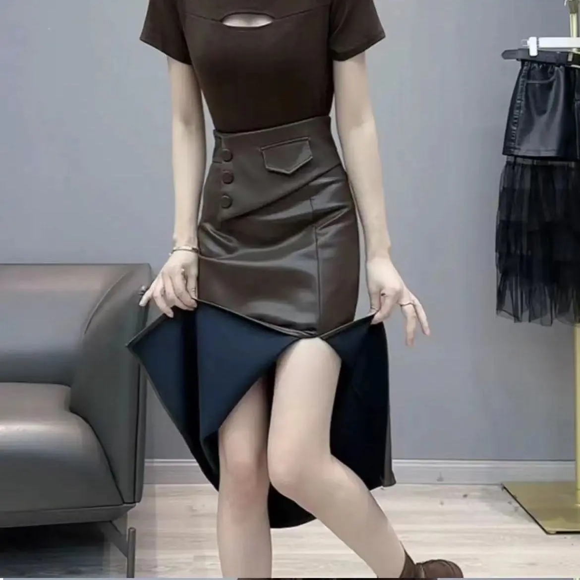 スリットスカート 合成皮革ボタン装飾ハイウエストロングスリットスカート