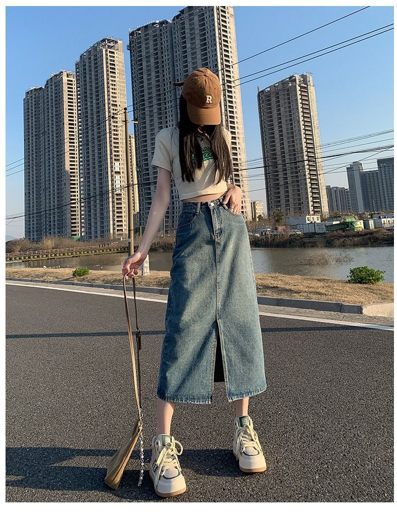 スリットスカート フロントスリットデニムロングスカート