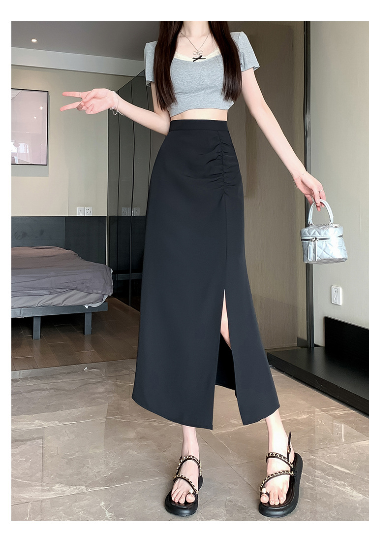 スリットスカート シャーリング脇スリットロングスカート
