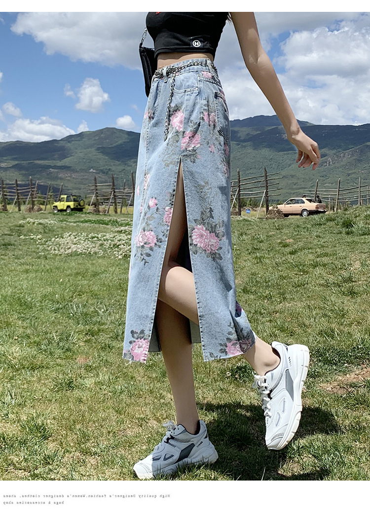 花柄デニムスリットスカート ミドル丈 大人可愛い
