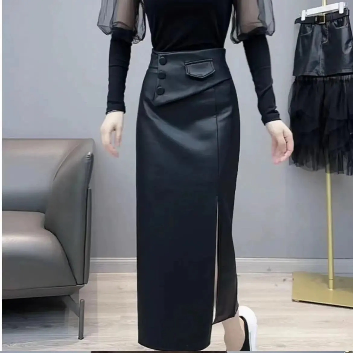 スリットスカート 合成皮革ボタン装飾ハイウエストロングスリットスカート