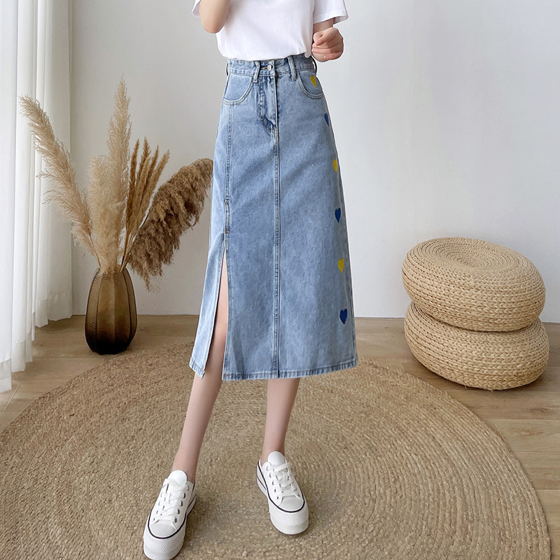 スリットスカート ハート刺繍デニムタイトスリットスカート