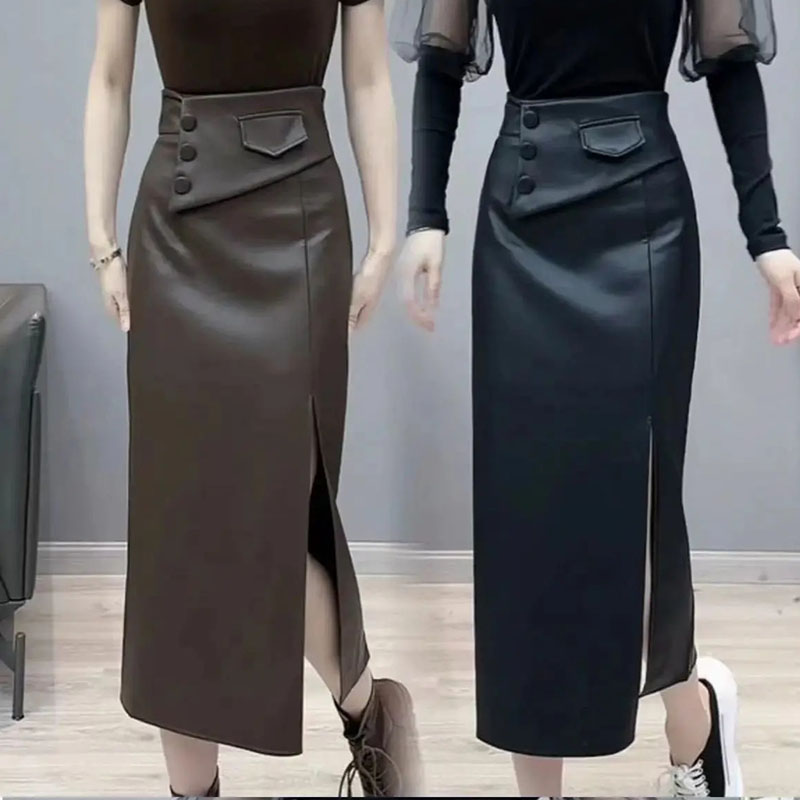 スリットスカート 合成皮革ボタン装飾ハイウエストロングスリットスカート