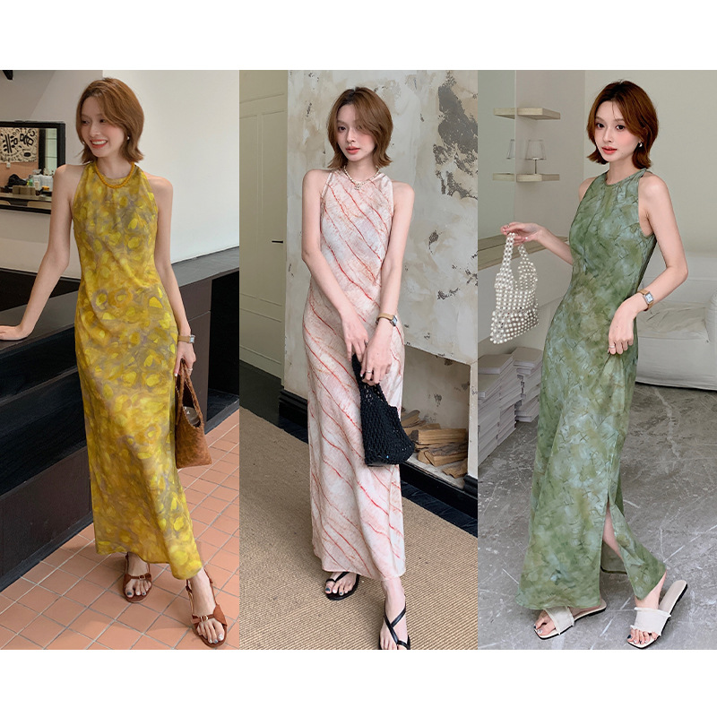 スリットスカート 優美なスリット入りホルターワンピース