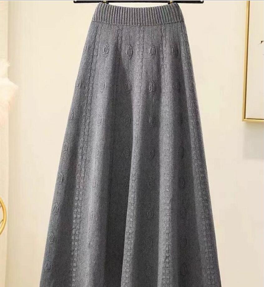 スリットスカート 編み柄ニットタイトスカート 膝丈 秋冬春対応
