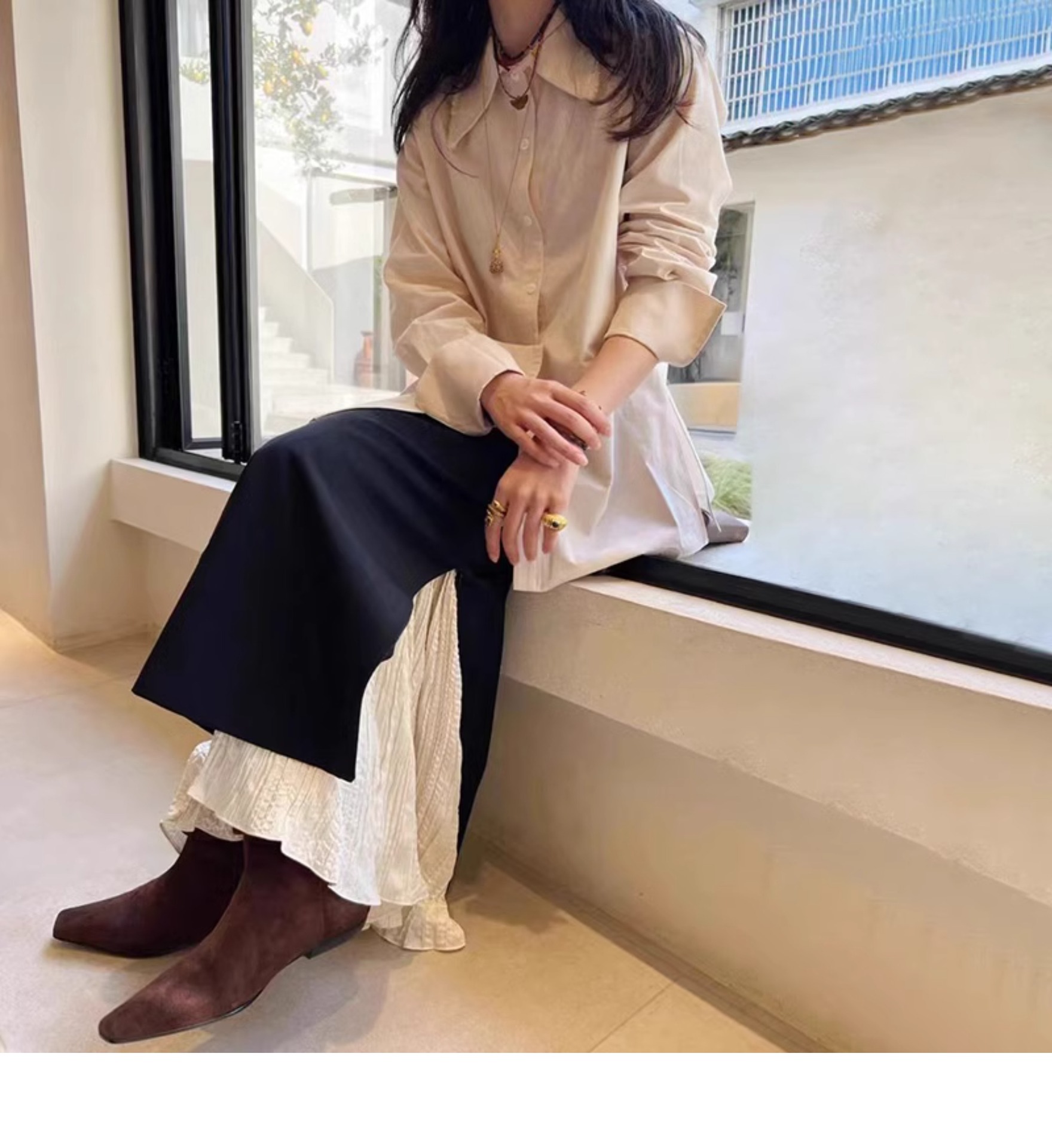 スリットスカート 優美なコントラスト プリーツスリットスカート