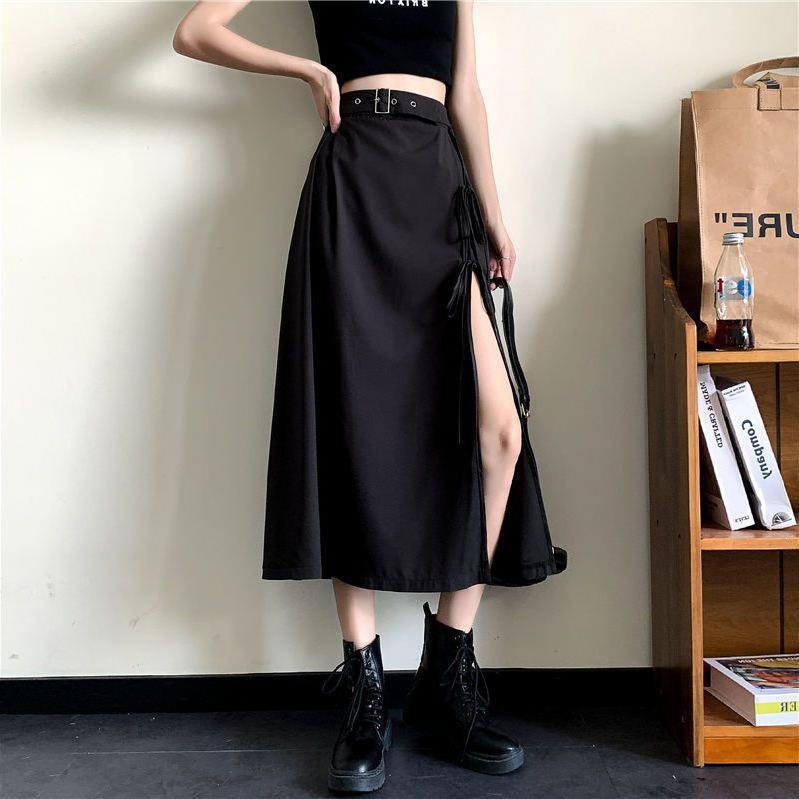 スリットスカート ベルト付き深スリットロングスカート