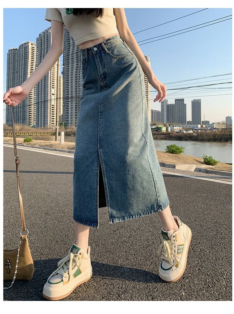 スリットスカート フロントスリットデニムロングスカート