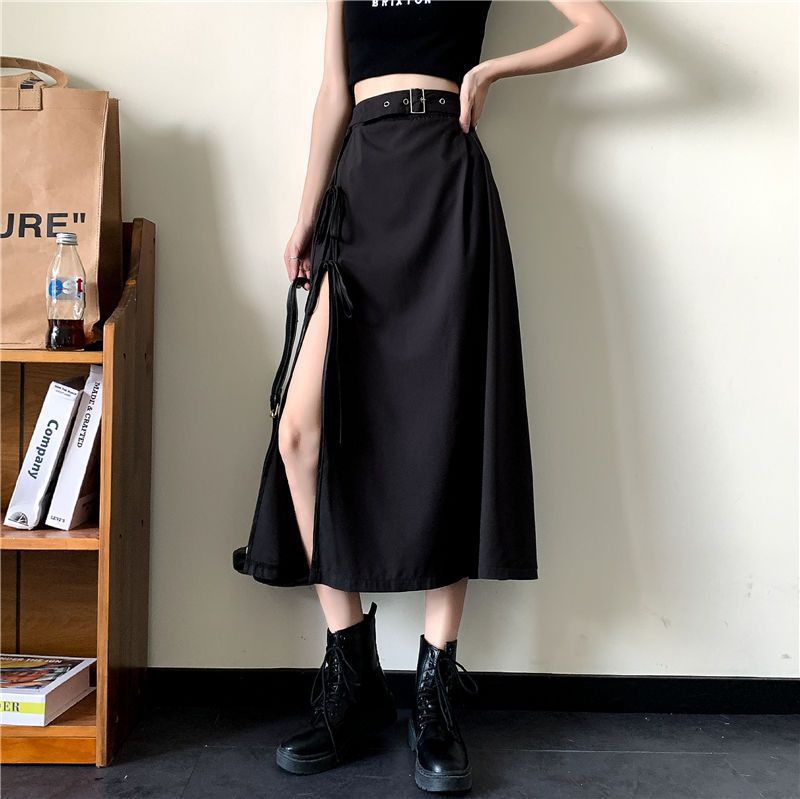 スリットスカート ベルト付き深スリットロングスカート