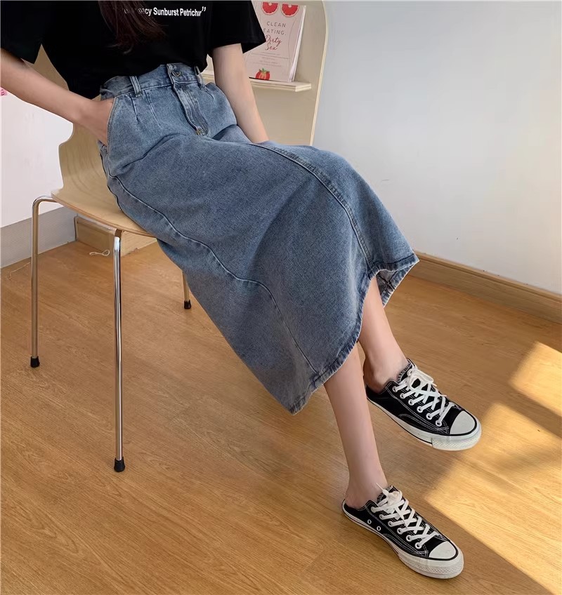スリットスカート デニムロングスカート バックスリット 脚長効果 ヴィンテージ風