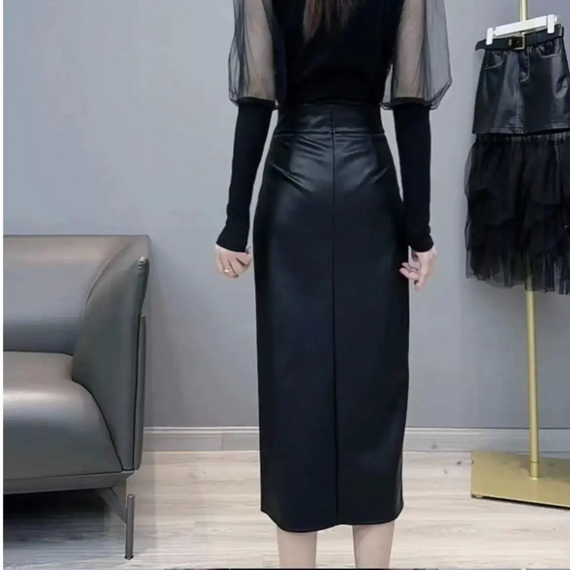 スリットスカート 合成皮革ボタン装飾ハイウエストロングスリットスカート
