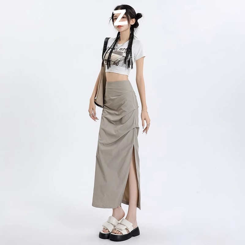 スリットスカート 立体ドレープデザインハイウエストスリットスカート