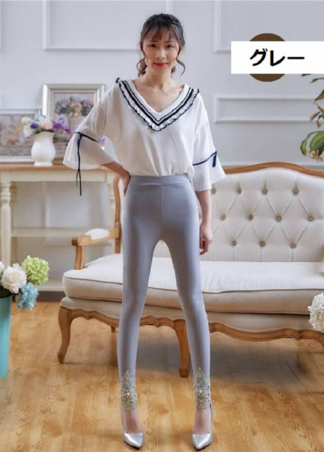 ヨガ用リブ編み真珠風装飾レギンススパッツ