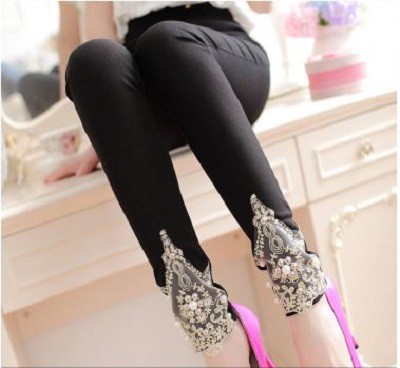ヨガ用リブ編み真珠風装飾レギンススパッツ
