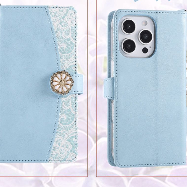 手帳型スマホケース リボン模様 花飾り付き多機能手帳型