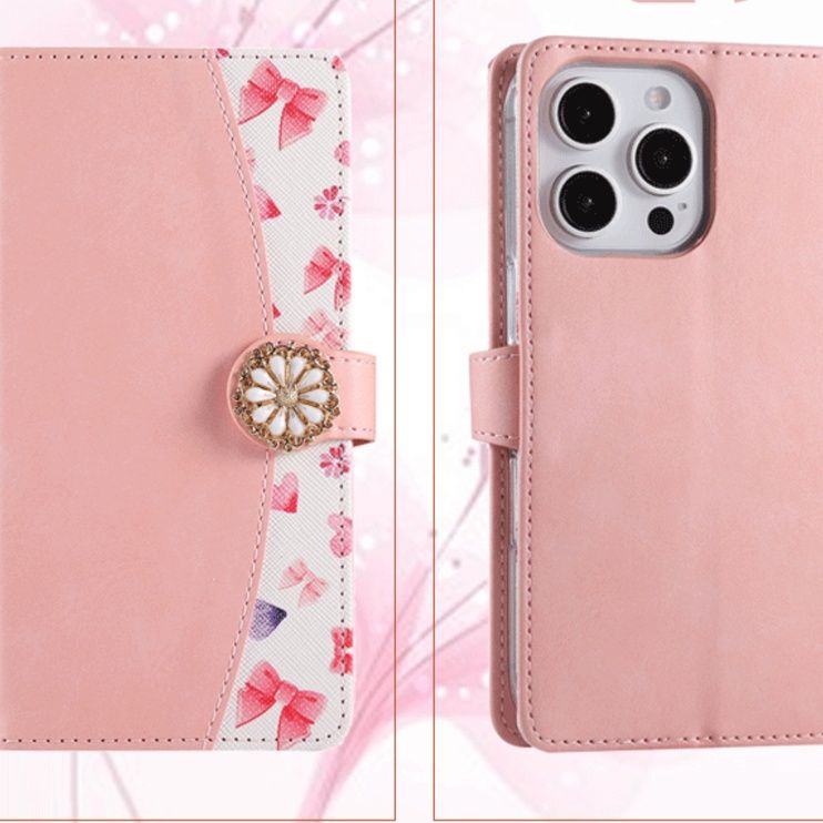 手帳型スマホケース リボン模様 花飾り付き多機能手帳型