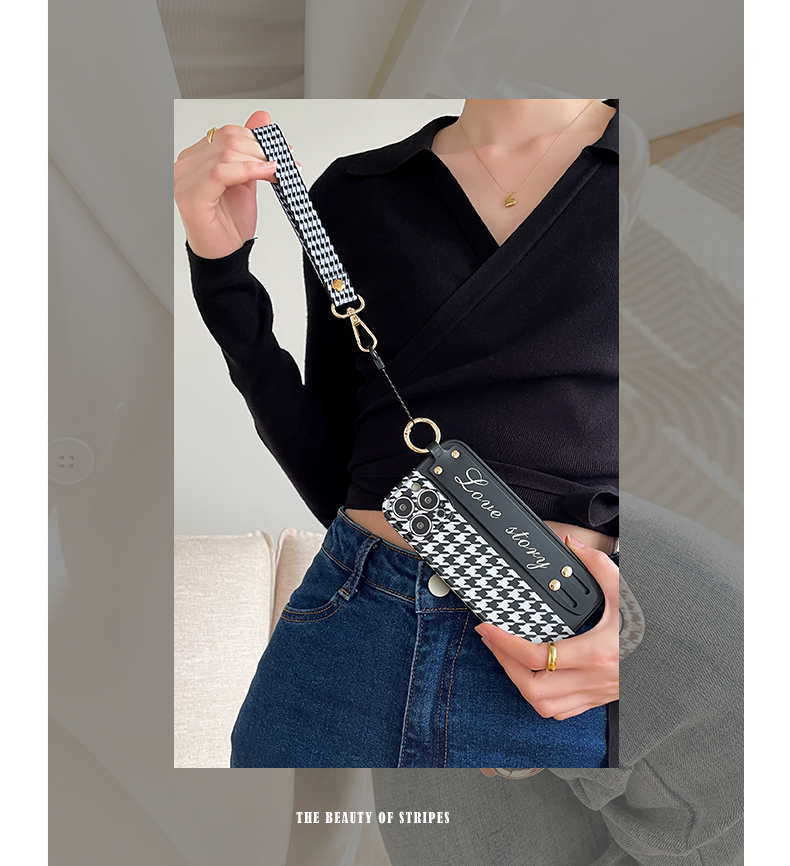 ～スマホではなく、ポーチのようなファッションを～千鳥格子柄 ワンショルダーストラップ付きスマホケース 手帳型スマホケース
